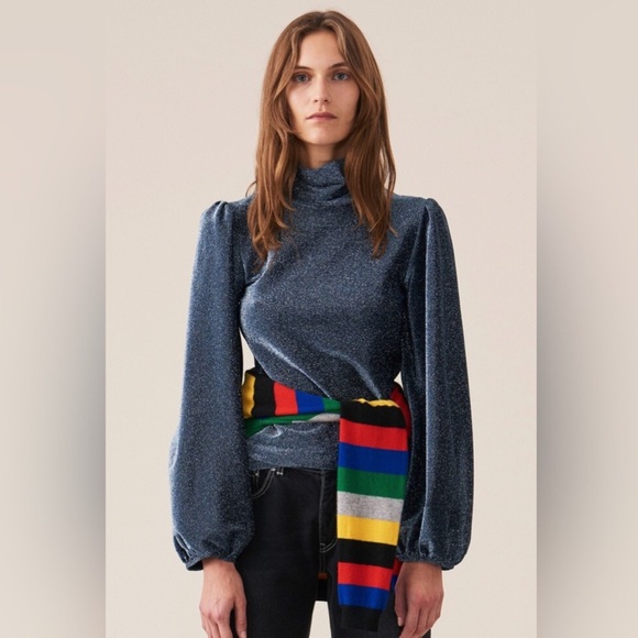 Ganni Lurex Jersey Silver Metallic Long Puff Sleeve Turtleneck Jumper Top - Picture 3 of 10